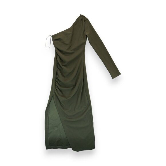 Zara Draped‎ Maxi Dress Asymmetric Womens Small Green Long Sleeve Side Zipper - Picture 1 of 8